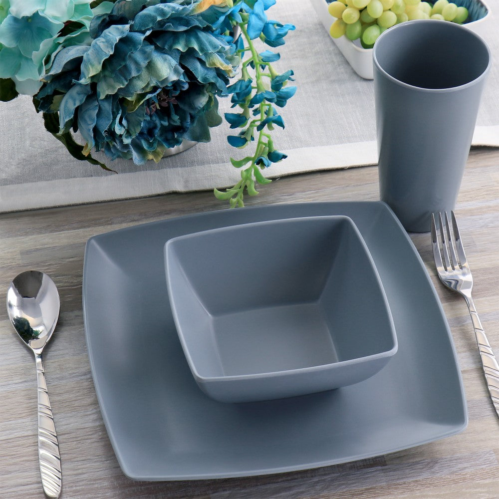 Gibson Home 12-Piece Grayson Melamine Square Dinnerware Set, Gray