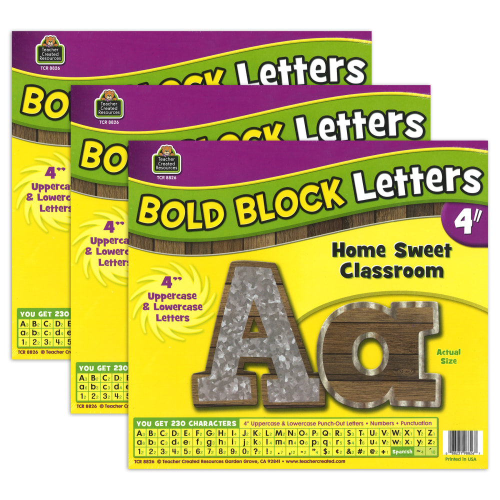 Teacher Created Resources 4in Letters, Home Sweet Classroom Bold Block, 230 Characters Per Pack, Set Of 3 Packs