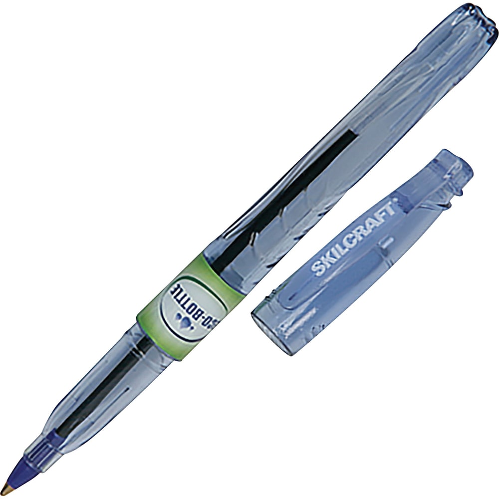 SKILCRAFT Ballpoint Stick Pens, Pack Of 12, Fine Point, Transparent Blue Barrel, Black Ink