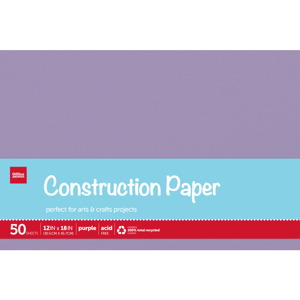 Office Depot Brand Construction Paper, 12in x 18in, 100% Recycled, Purple, Pack Of 50 Sheets