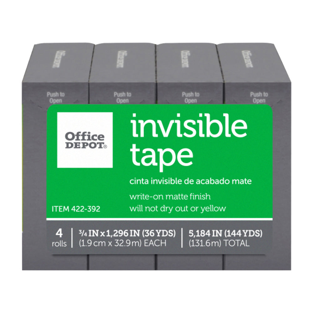 Office Depot Brand Invisible Tape, 3/4in x 1296in, Clear, Pack of 4 rolls