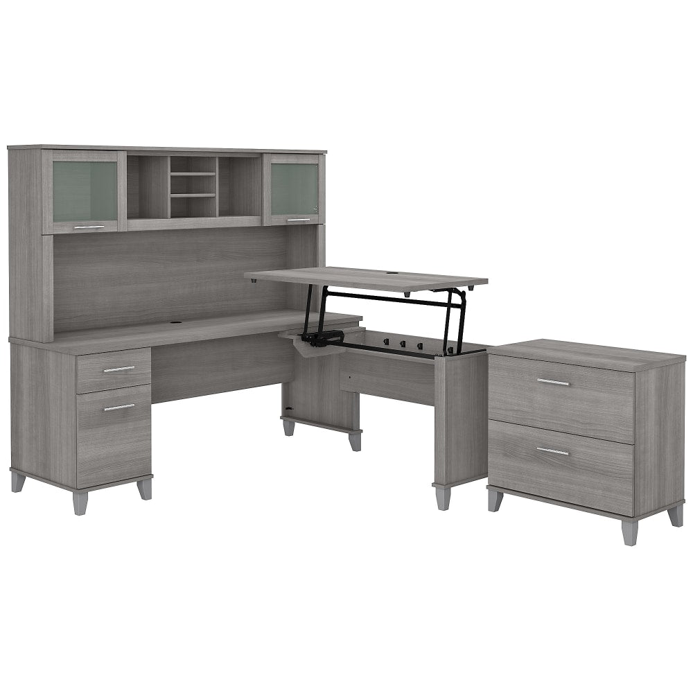 Bush Furniture Somerset 72inW 3-Position Sit-To-Stand L-Shaped Desk With Hutch And File Cabinet, Platinum Gray, Standard Delivery