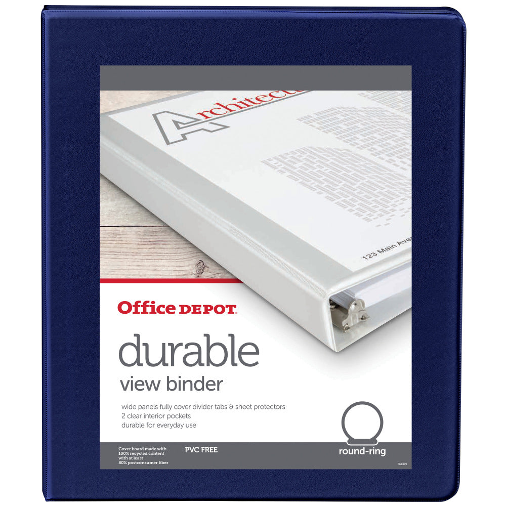 Office Depot Brand 3-Ring Durable View Binder, 1/2in Round Rings, Blue