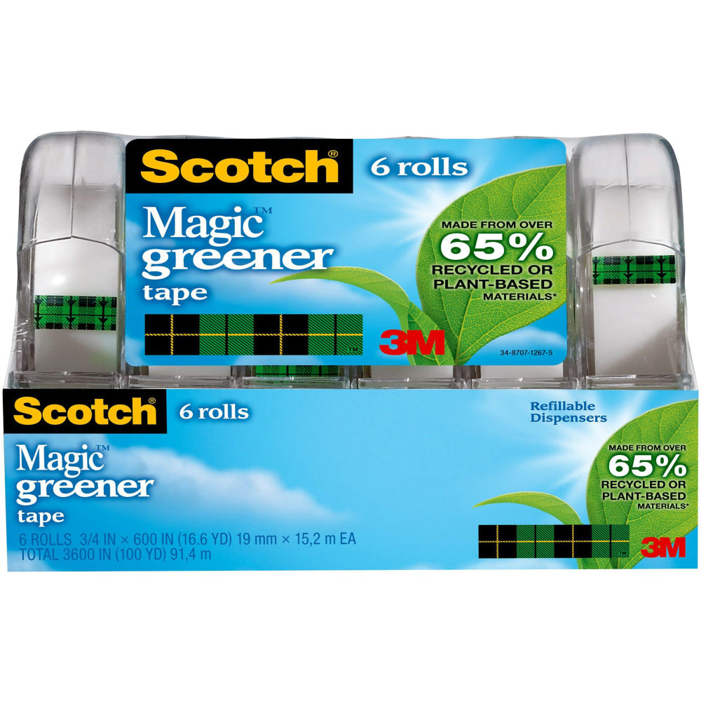 Scotch Greener Magic Tape with Dispenser, Invisible, 3/4 in x 600 in, 6 Tape Rolls, Clear, Home Office and School Supplies