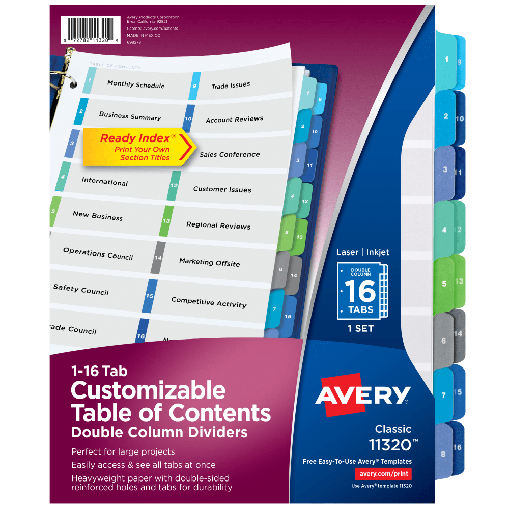 Avery Ready Index 1-16 Tab Double Column Binder Dividers With Customizable Table Of Contents, 8-1/2in x 11in, 16 Tab, White/Multicolor, 1 Set