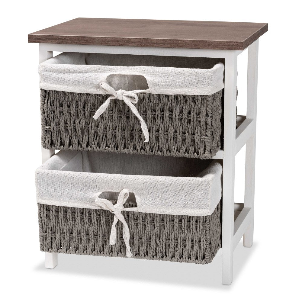 Baxton Studio Terena 16inW 2-Basket Storage Unit, Walnut Brown/White