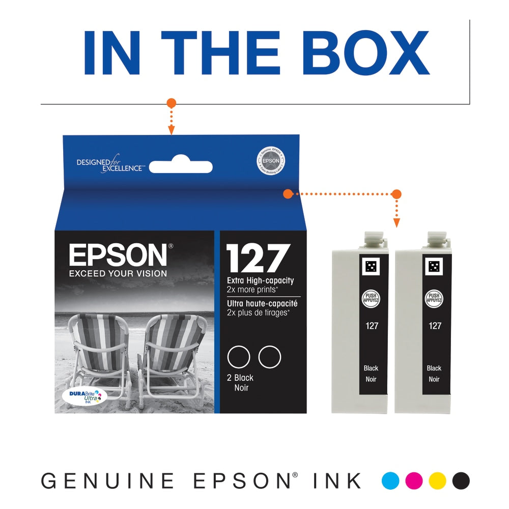 Epson 127 DuraBrite Black Extra-High-Yield Ink Cartridges, Pack Of 2, T127120-D2