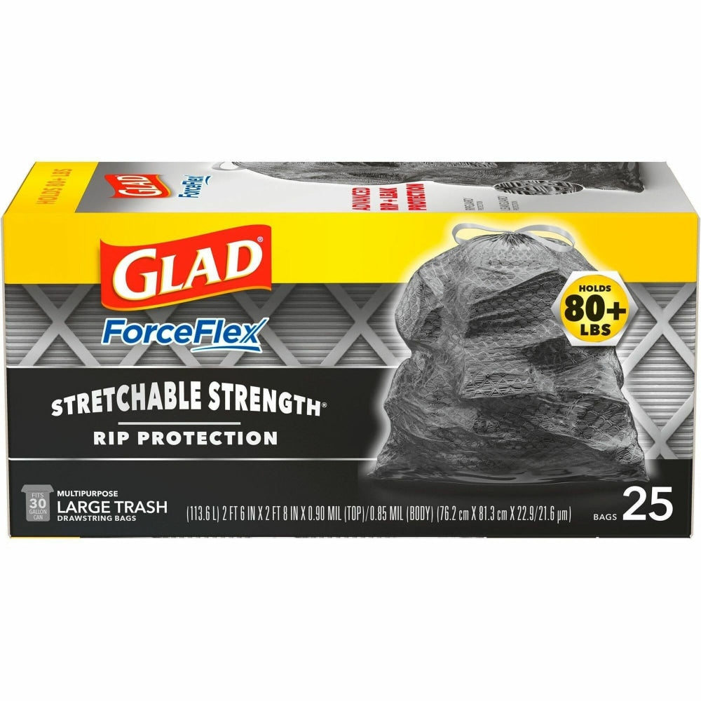 Glad ForceFlexPlus Large Drawstring Trash Bags - Large Size - 30 gal Capacity - Drawstring Closure - Black - 156/Bundle - 25 Per Box - Home, Office, Can