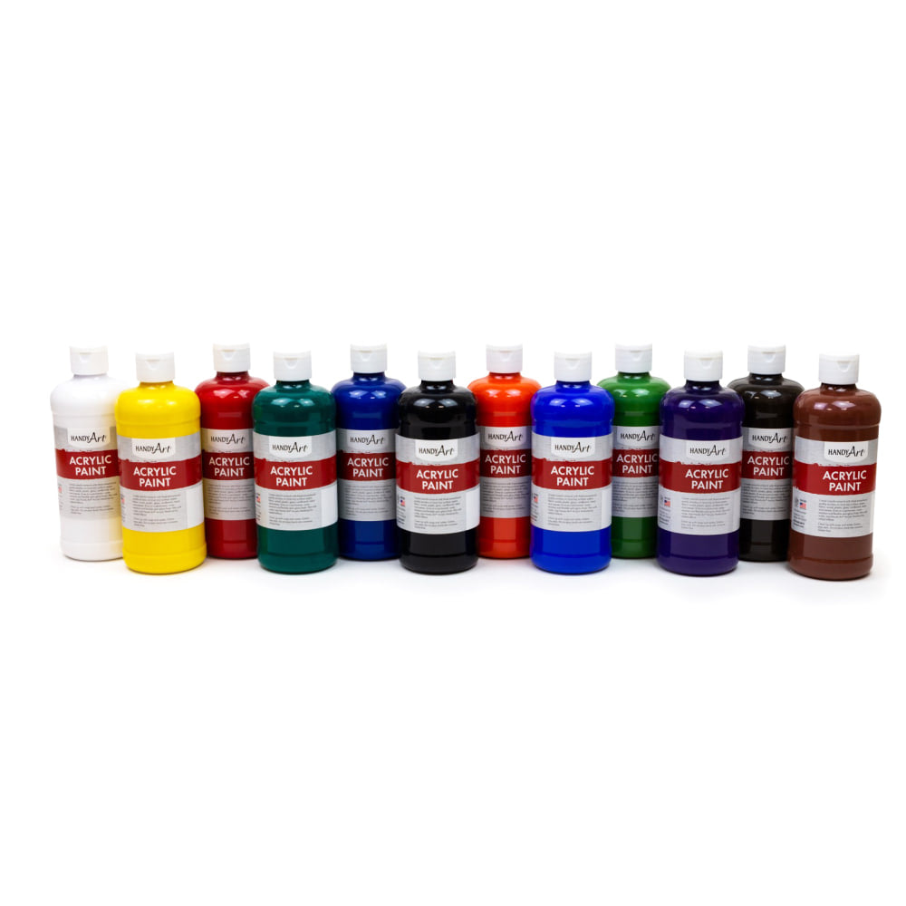 Handy Art Acrylic Paint, 16 Oz, Assorted Colors, Pack Of 12 Bottles