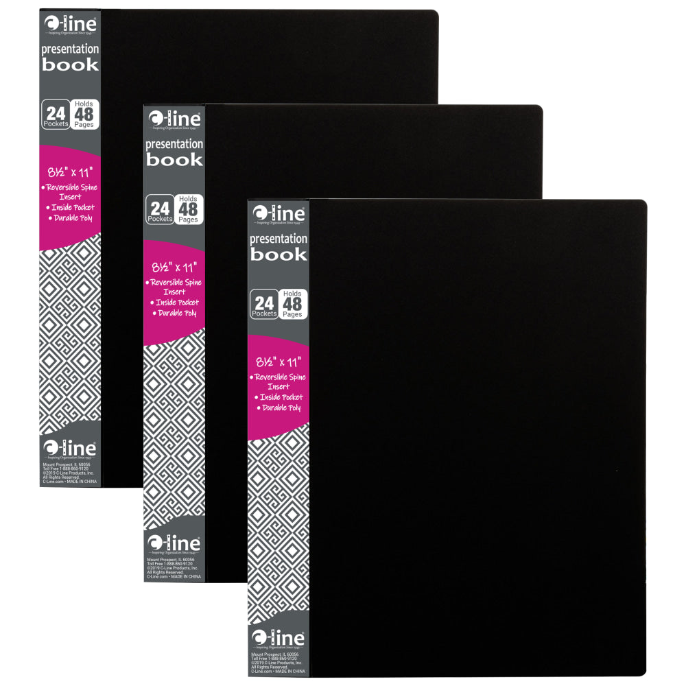 C-Line 24-Pocket Bound Sheet Protector Presentation Books, Letter Size, Black, Pack Of 3 Books