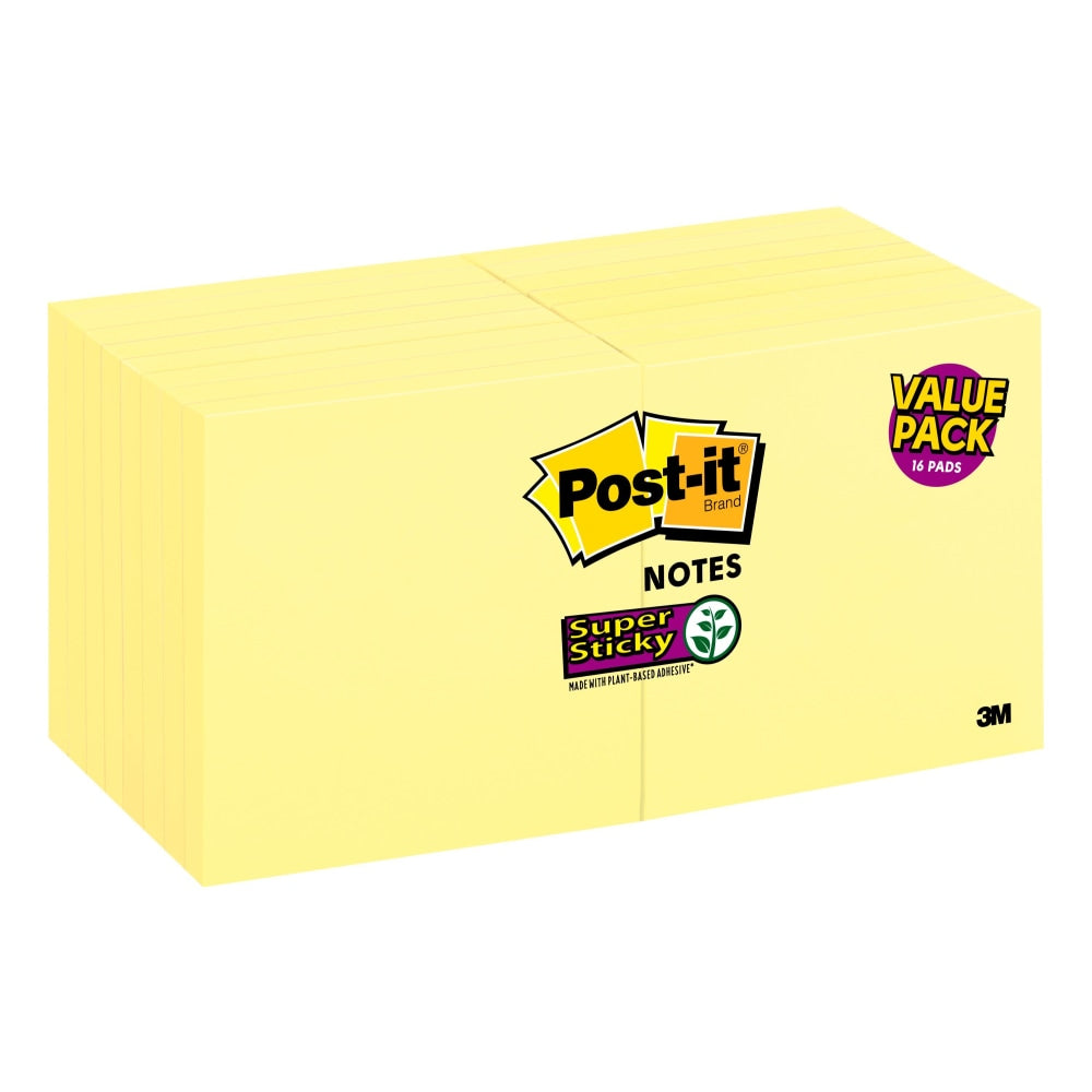 Post-it Super Sticky Notes, 3 in x 3 in, 16 Pads, 90 Sheets/Pad, 2x the Sticking Power, Canary Yellow