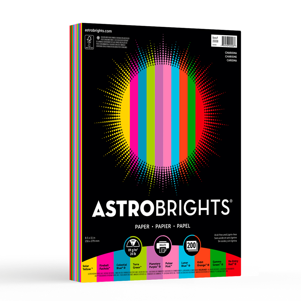 Astrobrights Color Multi-Use Printer & Copy Paper, Vintage Assortment, Letter (8.5in x 11in), 200 Sheets Per Pack, 24 Lb, 94 Brightness