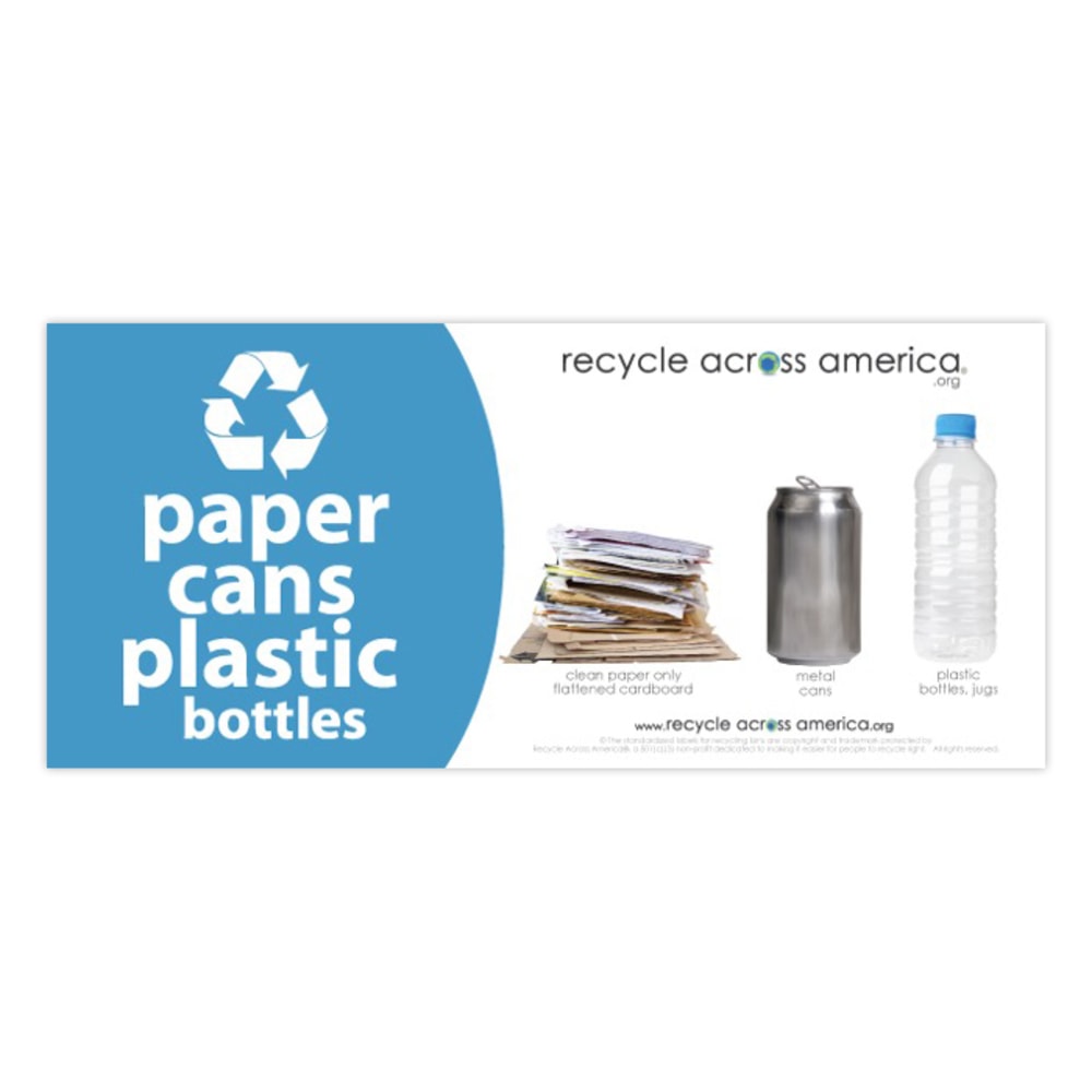 Recycle Across America Paper, Cans And Plastic Standardized Recycling Label, PCP-0409, 4in x 9in, Light Blue