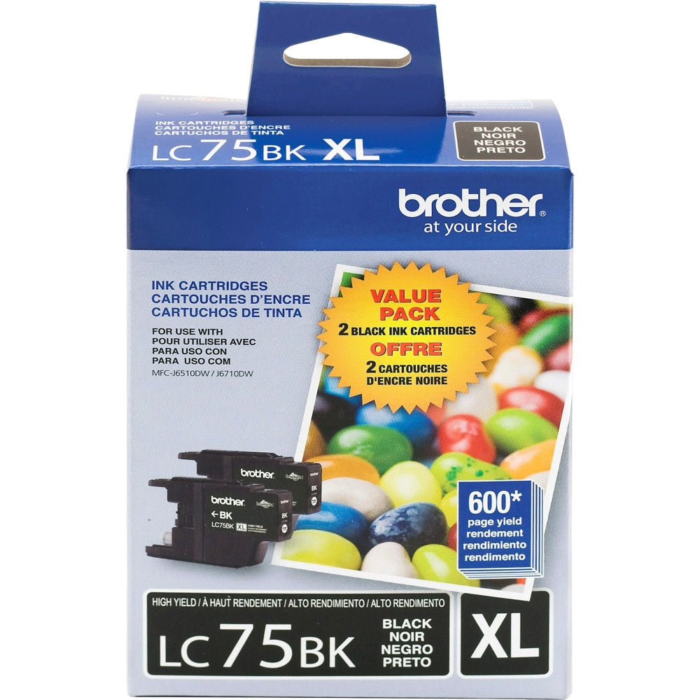 Brother LC75 Black High-Yield Ink Cartridges, Pack Of 2, LC75BK