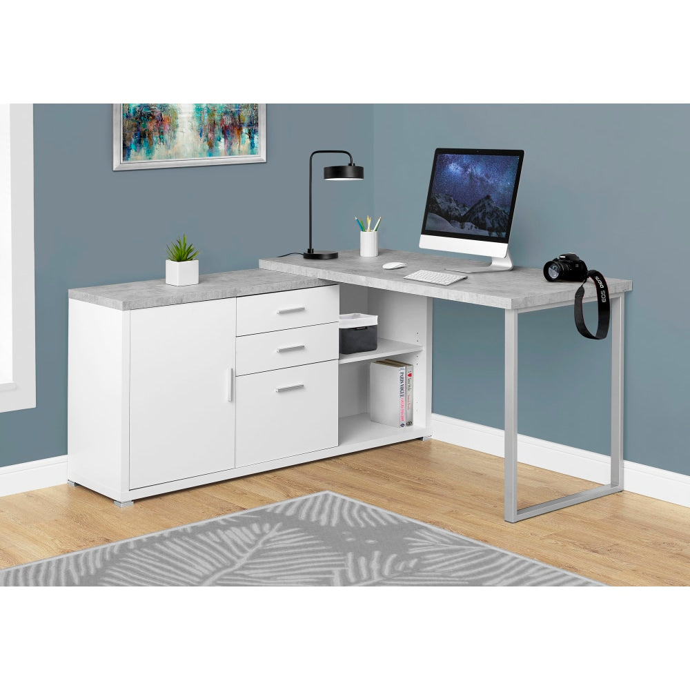 Monarch Specialties 71inW L-Shaped Corner Desk With Cabinet, Gray Cement/White