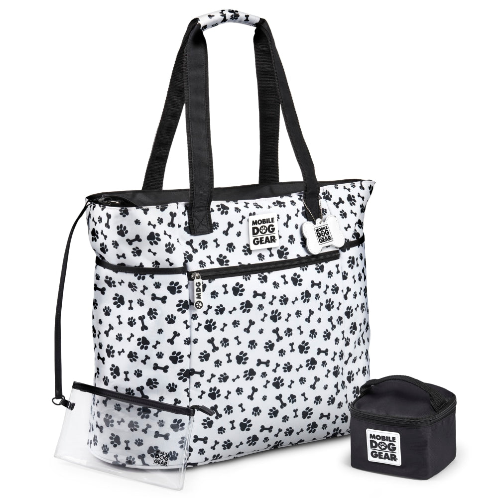 Mobile Dog Gear Dogssentials Polyester Tote Bag, 16inH x 8-3/4inW x 19-1/2inD, White/Black Paw Print