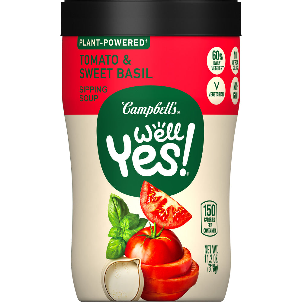 Campbells Well Yes Sipping Soup, Tomato And Sweet Basil, 11.2 Oz, Case Of 8 Cups