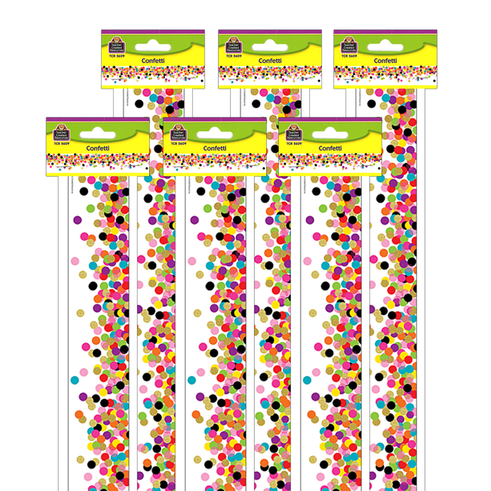 Teacher Created Resources Straight Border Trim, 3ft" x 35ft", Confetti, 12 Boarders Per Pack, Set Of 6 Packs