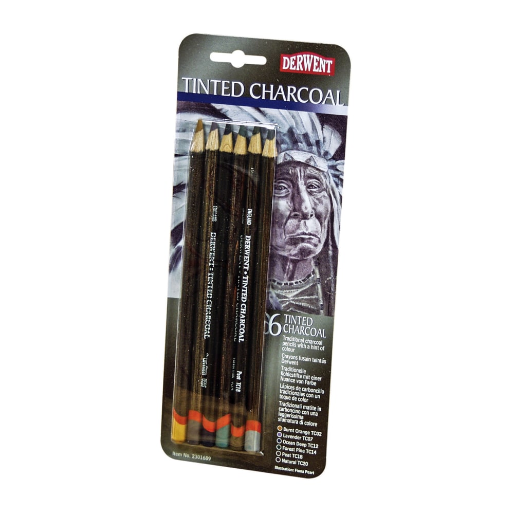 Derwent Tinted Charcoal Pencil Set, 8 mm, Assorted Colors, Set Of 6