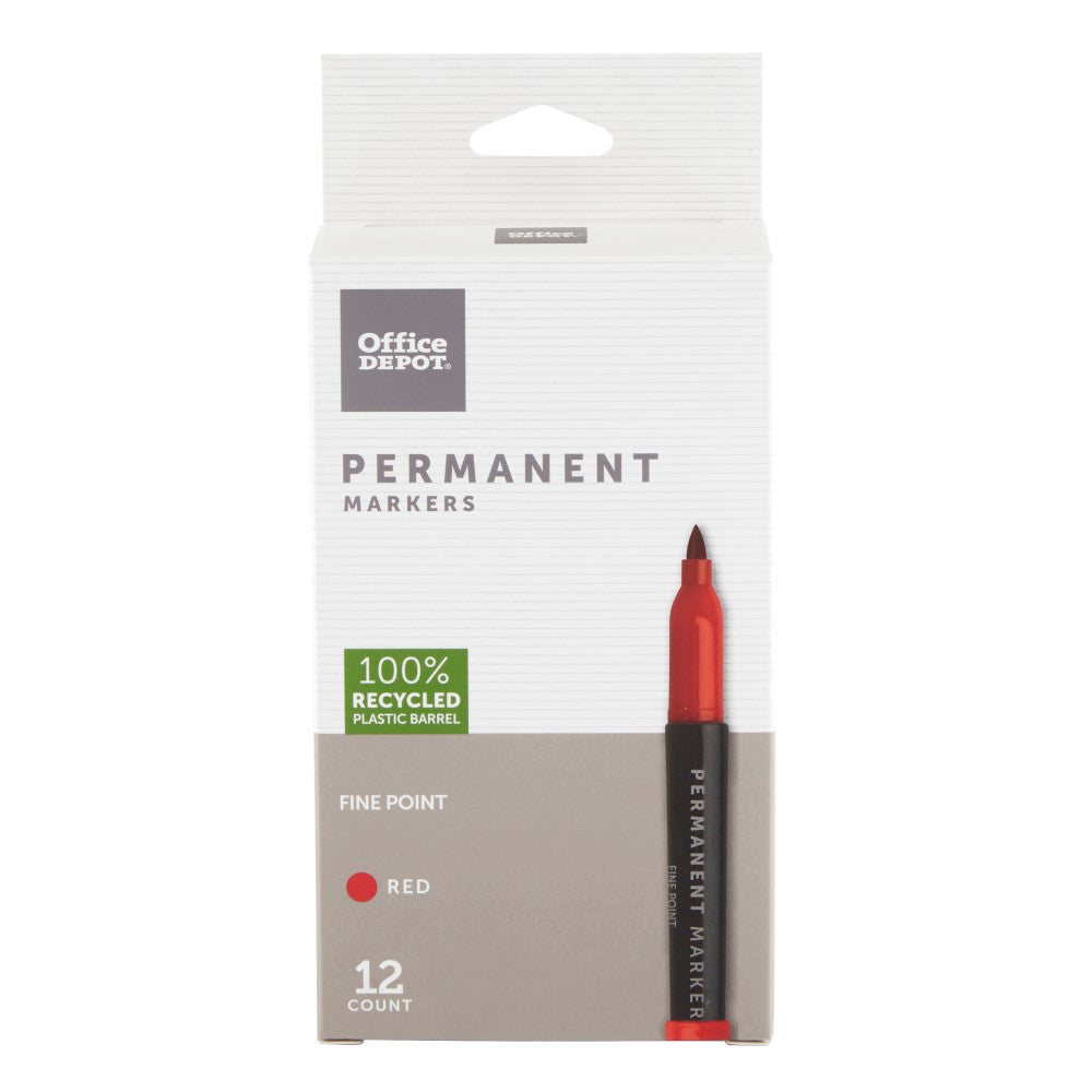 Office Depot Brand Permanent Markers, Fine Point, 100% Recycled Plastic Barrel, Red Ink, Pack Of 12