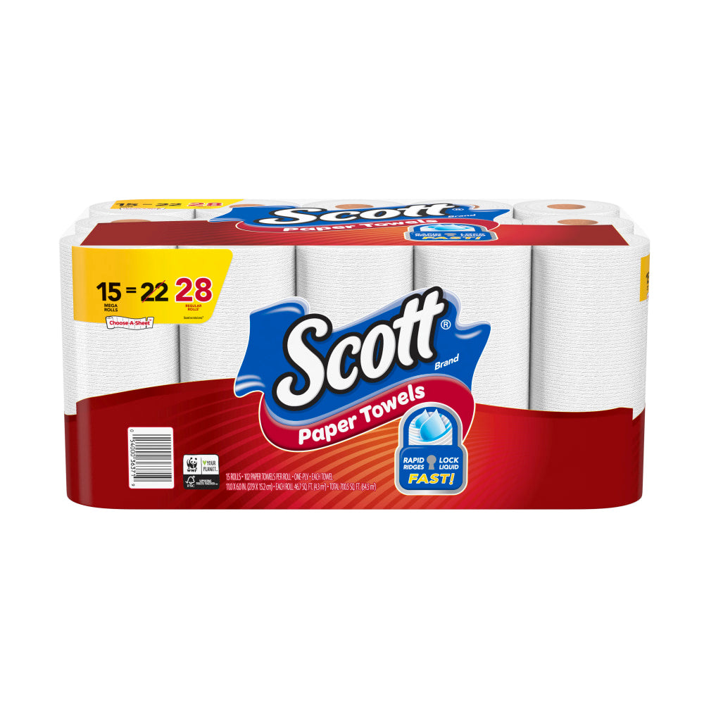 Scott Select-A-Size Mega 1-Ply Paper Towels, 102 Sheets Per Roll, Pack Of 15 Rolls