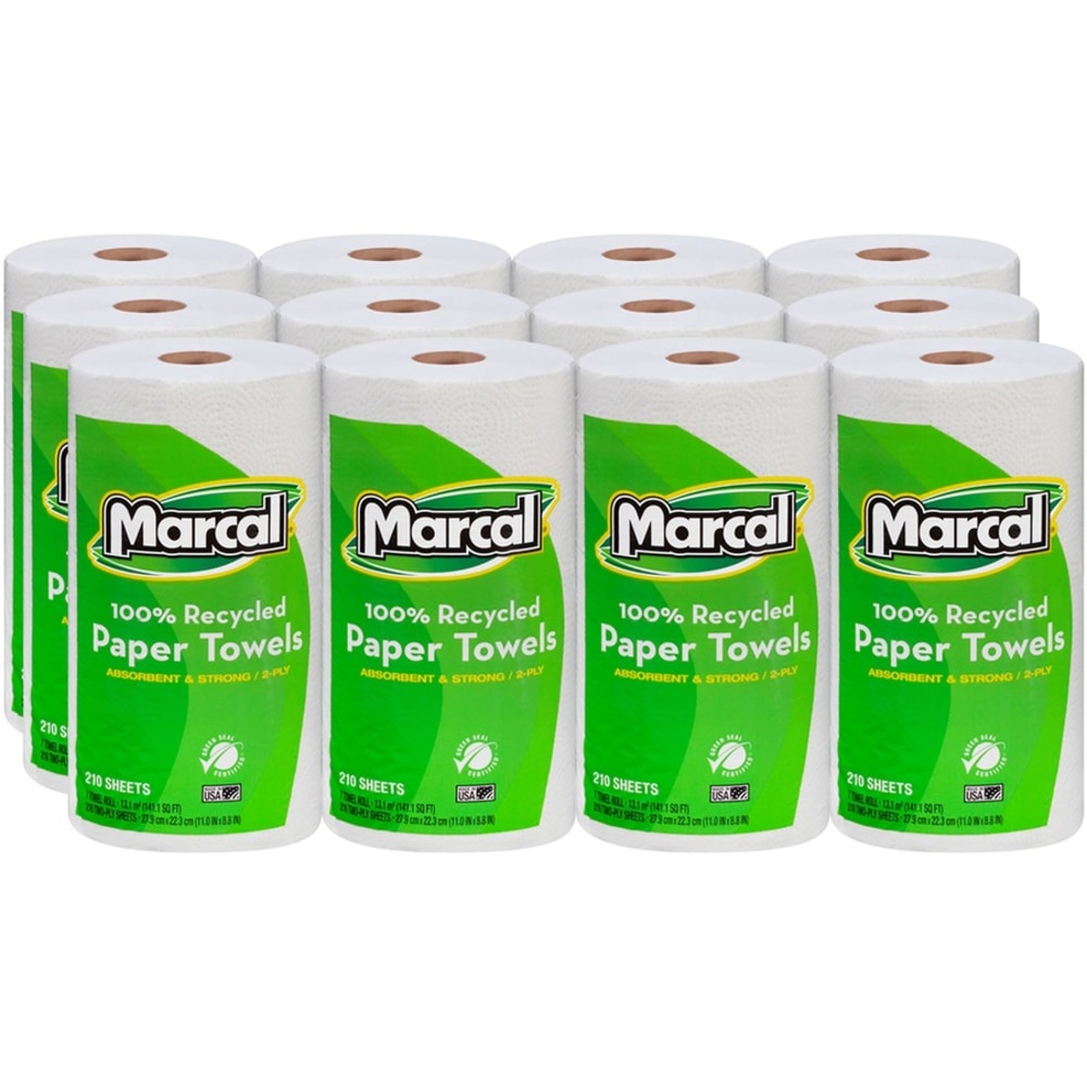 Marcal Premium Mega Roll 2-Ply Paper Towels, 100% Recycled, 210 Sheets Per Roll, Pack Of 12 Rolls