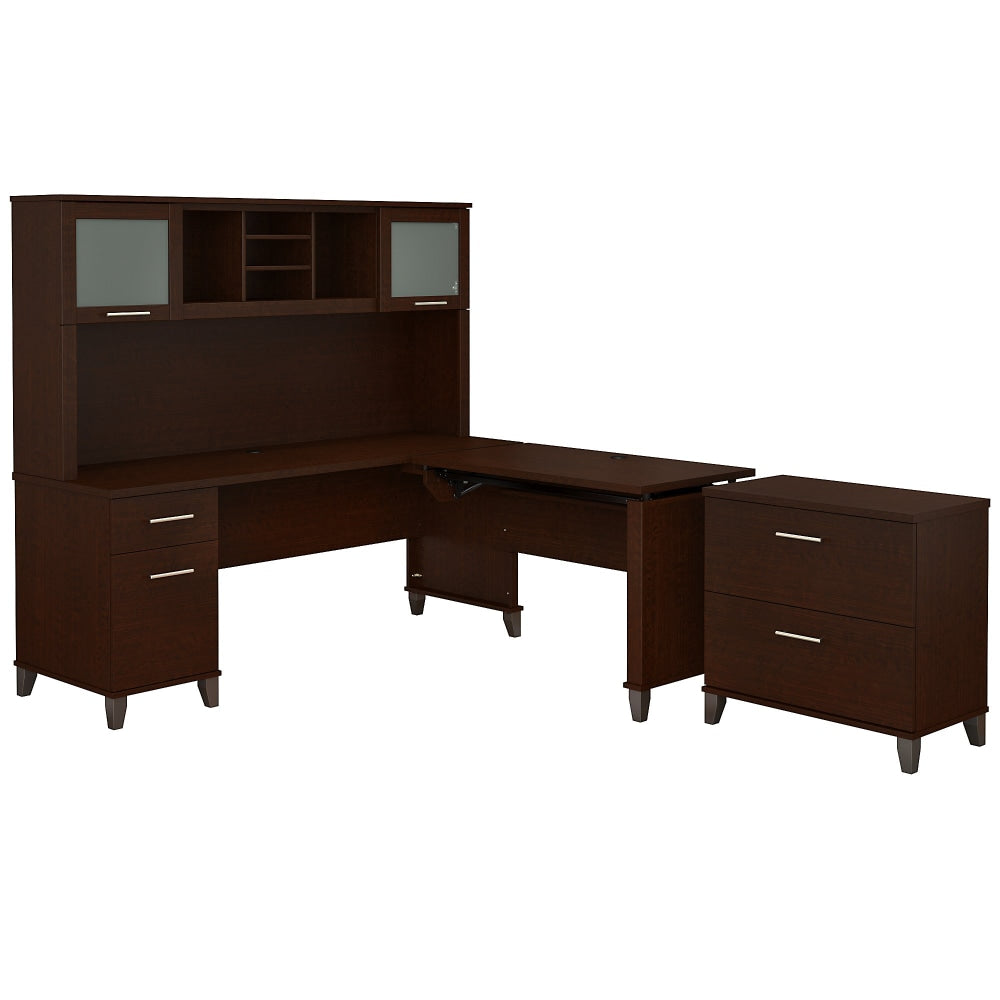 Bush Furniture Somerset 72inW 3 Position Sit to Stand L Shaped Desk With Hutch And File Cabinet, Mocha Cherry, Standard Delivery