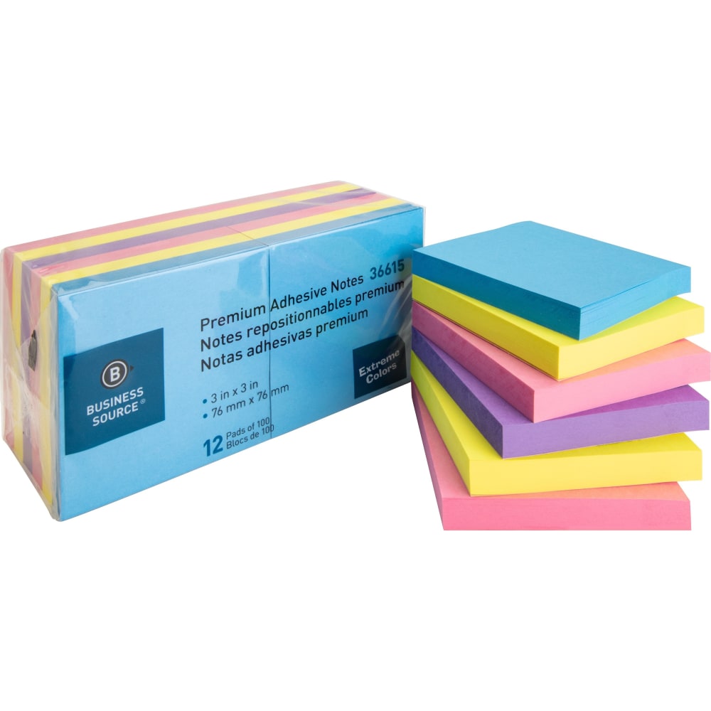 Business Source 3x3 Extreme Colors Adhesive Notes - 100 - 3in x 3in - Square - Assorted - Repositionable, Solvent-free Adhesive - 12 / Pack