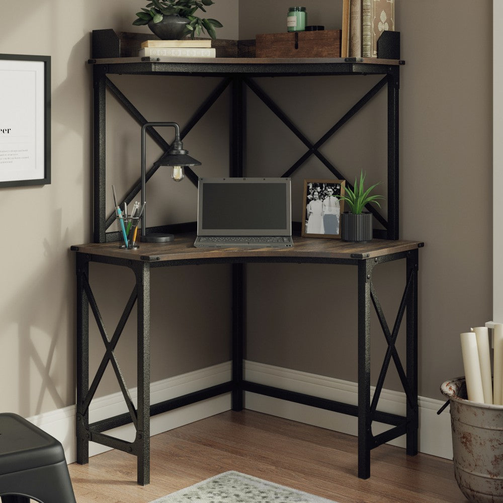 Sauder Steel River 48inW Corner Desk With Hutch, Carbon Oak