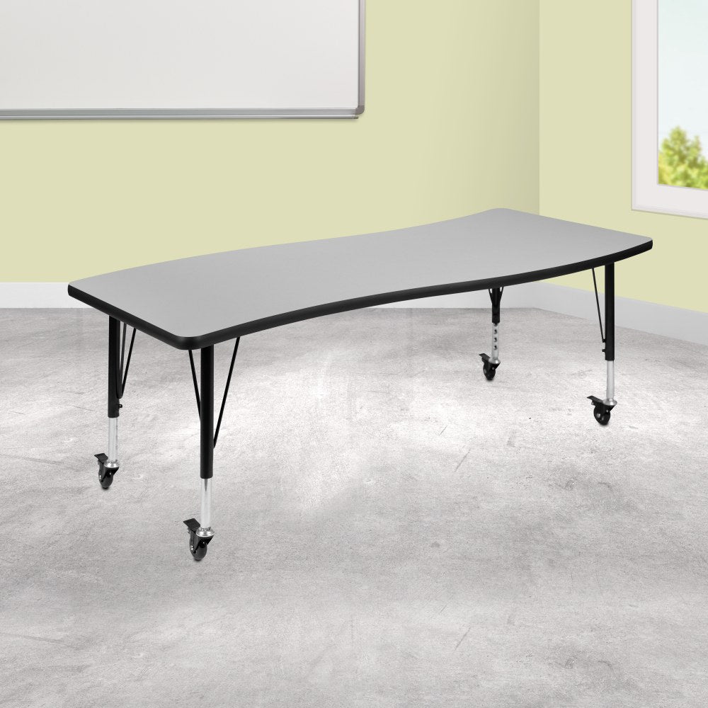 Flash Furniture Mobile Rectangle Wave Flexible Collaborative Thermal Laminate Activity Table With Height-Adjustable Short Legs, 25inH x 26inW x 60inD, Gray