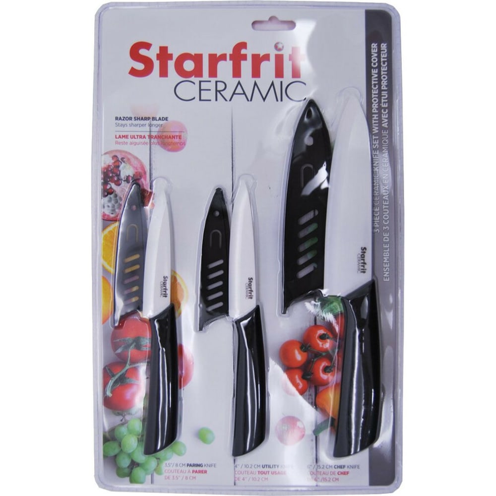 Starfrit Set of Ceramic Knives - Knife Set - 1 x Paring Knife, 1 x Utility Knife, 1 x Chefs Knife - Cutting, Paring - Dishwasher Safe