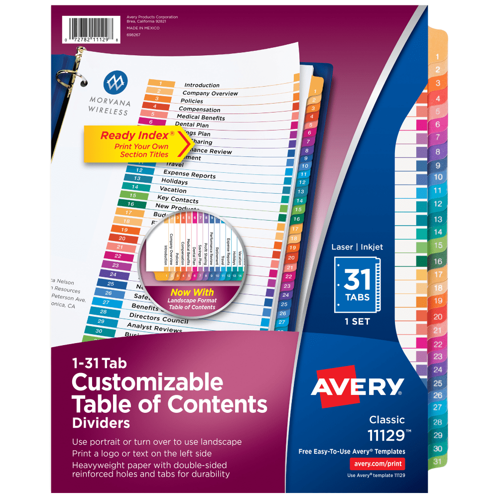 Avery Ready Index 1-31 Tab Binder Dividers With Customizable Table Of Contents, 8-1/2in x 11in, 31 Tab, White/Multicolor, 1 Set