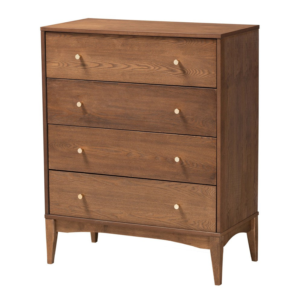 Baxton Studio Landis 4-Drawer Chest, 37-3/4inH x 30inW x 15-3/4inD, Ash Walnut/Gold