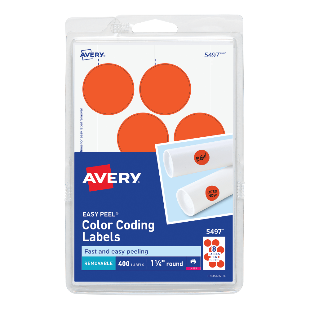 Avery Removable Print Or Write Color Coding Labels For Laser Printers, 5497, Round, 1-1/4in Diameter, Neon Red, Pack Of 400 Labels