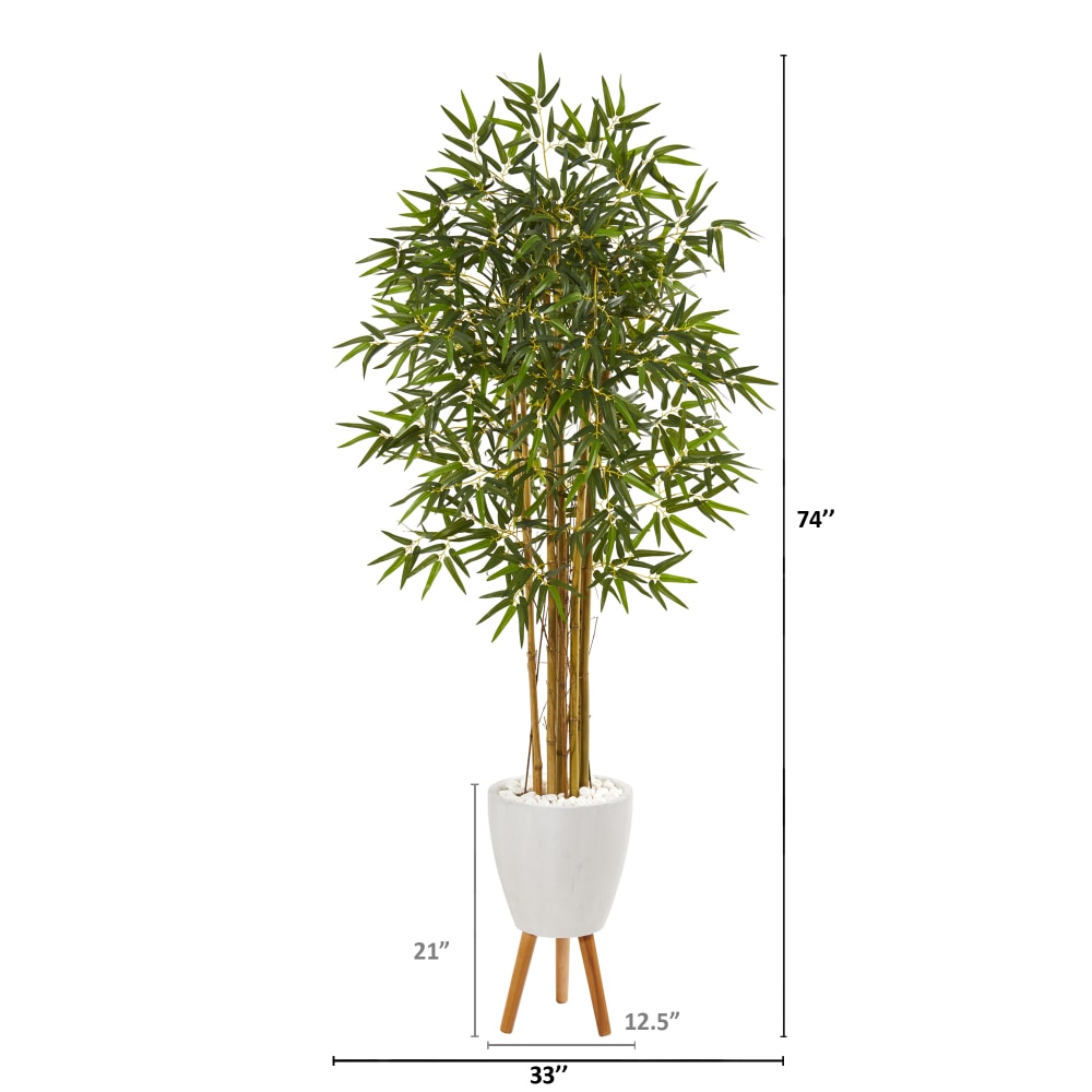 Nearly Natural Multi Bambusa Bamboo Tree 74inH Artificial Plant With Planter and Stand, 74inH x 33inW x 33inD, Green/White