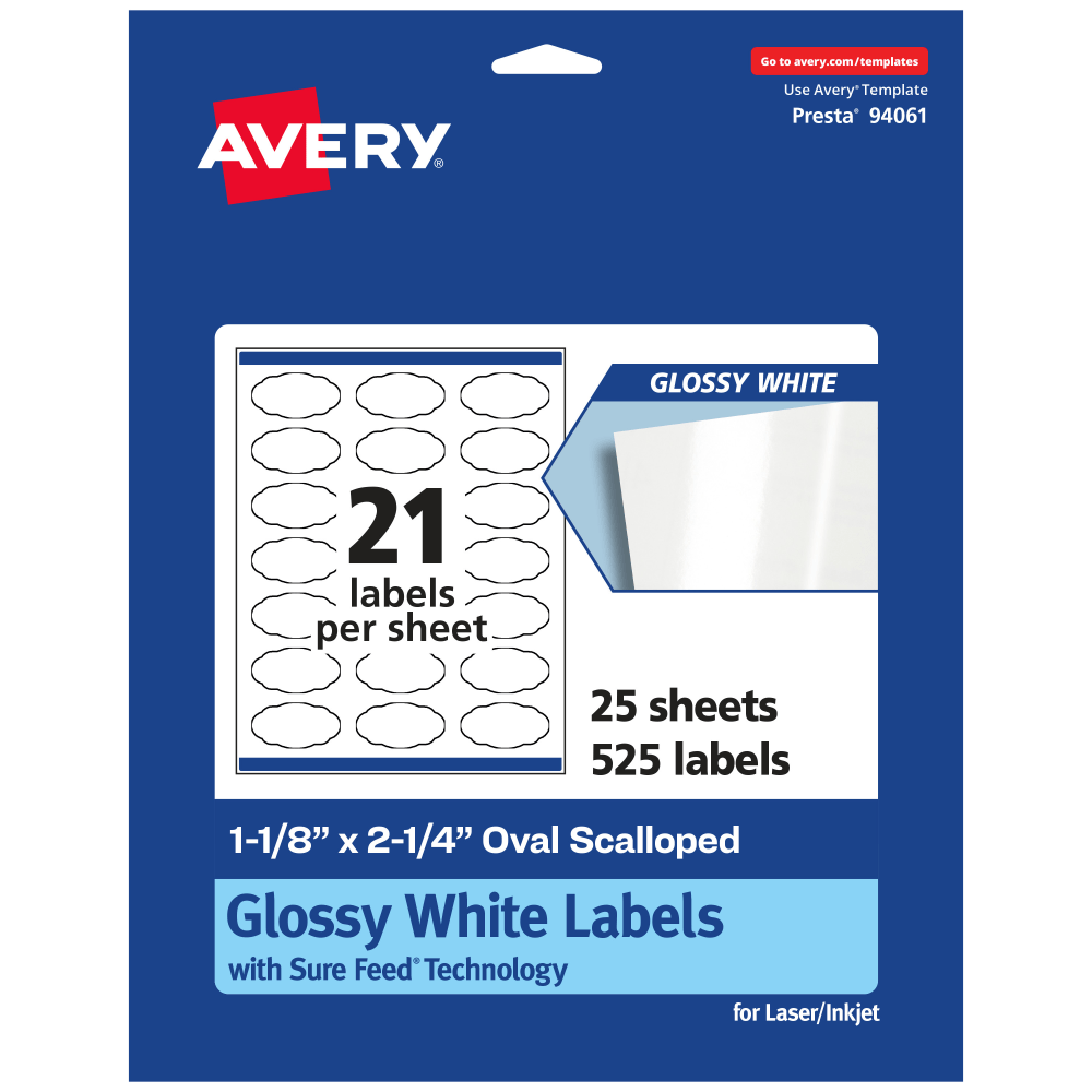 Avery Glossy Permanent Labels With Sure Feed, 94061-WGP25, Oval Scalloped, 1-1/8in x 2-1/4in, White, Pack Of 525