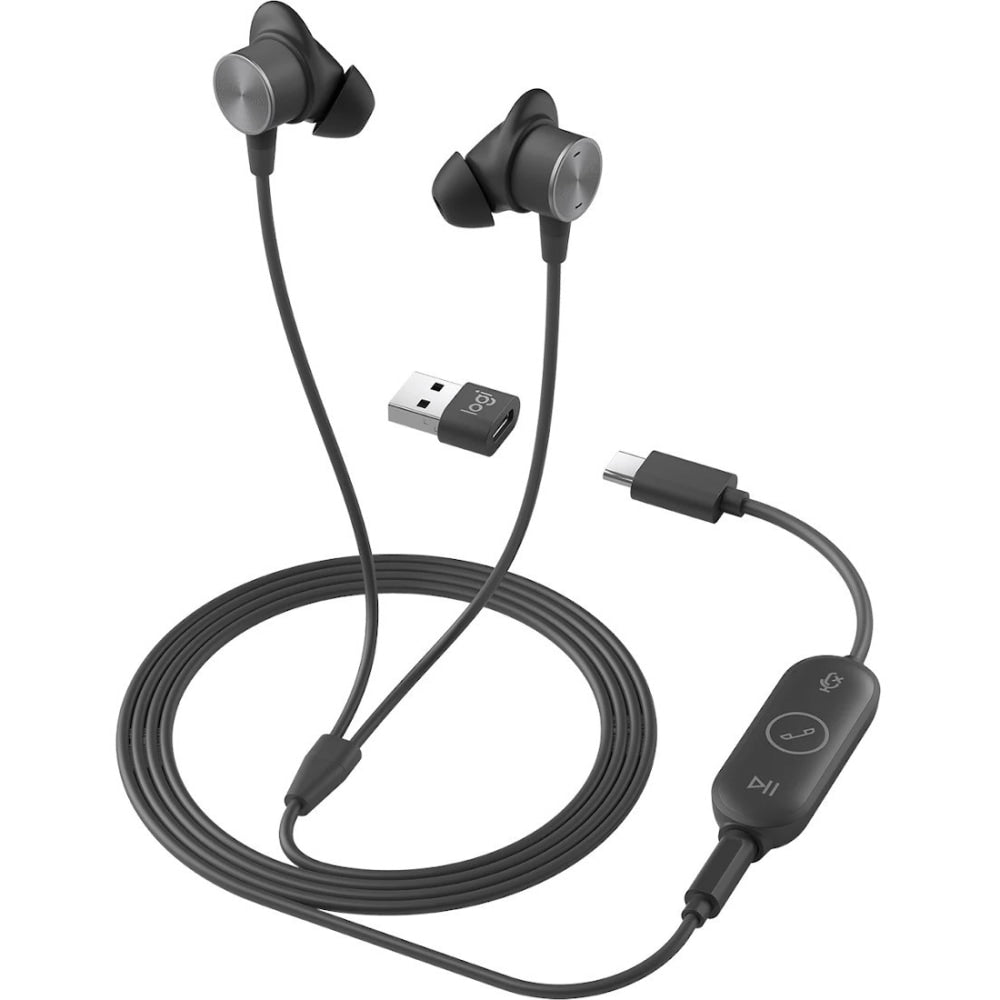 Logitech Zone Wired Earbuds - Stereo - Mini-phone (3.5mm), USB Type C, USB Type A - Wired - 16 Ohm - 20 Hz - 16 kHz - Earbud - Binaural - In-ear - 4.80 ft Cable - Noise Cancelling, Omni-directional, MEMS Technology Microphone - Graphite