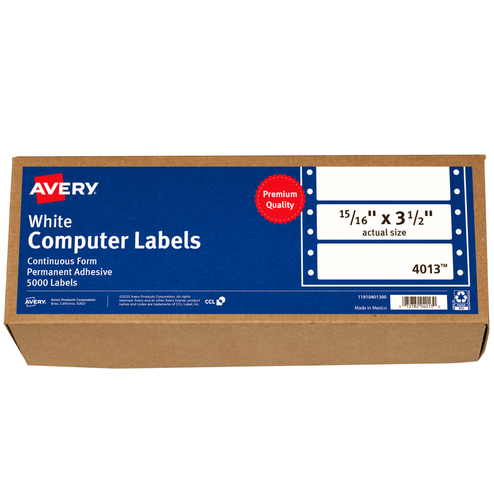 Avery Continuous Form Permanent Address Labels, 4013, Rectangle, 3 1/2in x 15/16in, White, Pack Of 5,000