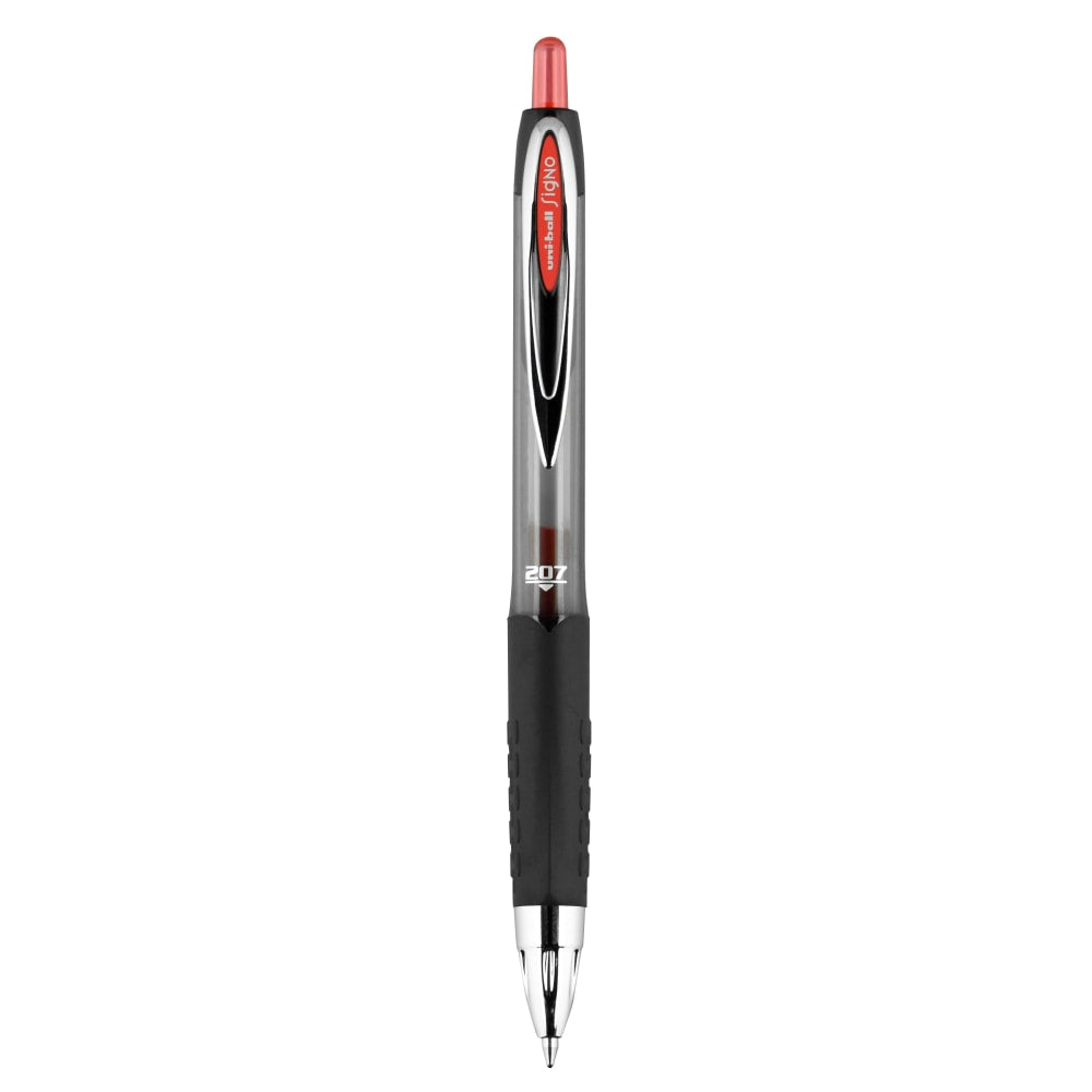 uni-ball 207 Retractable Fraud Prevention Gel Pens, Medium Point, 0.7 mm, Black Barrels, Red Ink, Pack Of 12