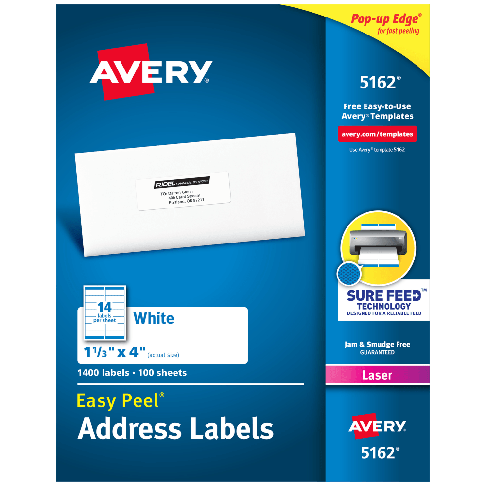 Avery Easy Peel Address Labels With Sure Feed Technology, 5162, Rectangle, 1-1/3in x 4in, White, Pack Of 1,400