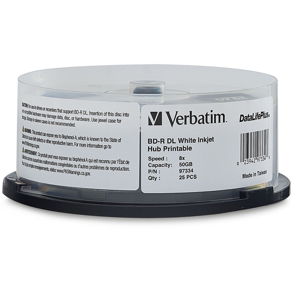 Verbatim BD-R DL 50GB 8X, White Label, DataLife+, White InkJet Hub Printable, 25PK Spindle - 50GB - 120mm Standard - 25 Pack Spindle