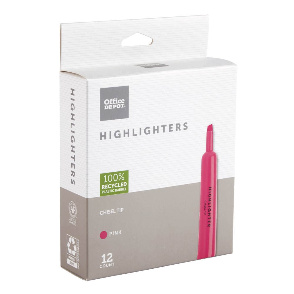 Office Depot Brand Chisel-Tip Highlighter, 100% Recycled Plastic Barrel, Fluorescent Pink, Pack Of 12