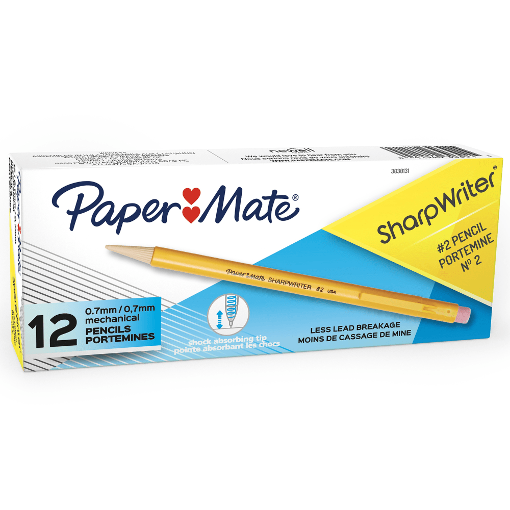 Paper Mate Sharpwriter Mechanical Pencils, 0.7mm, #2 Lead, Yellow Barrel, Pack Of 12