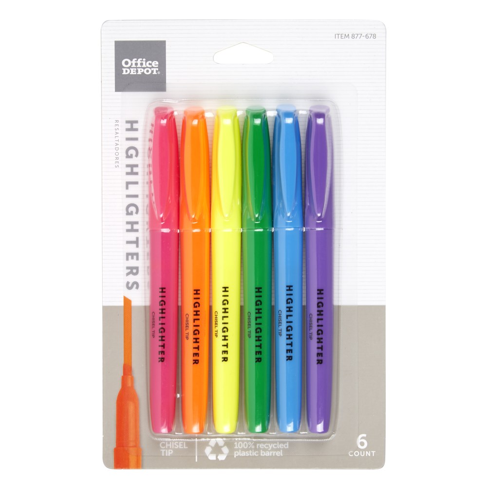 Office Depot Brand Pen-Style Highlighters, Chisel Point, 100% Recycled Plastic Barrel, Assorted Colors, Pack Of 6 Highlighters