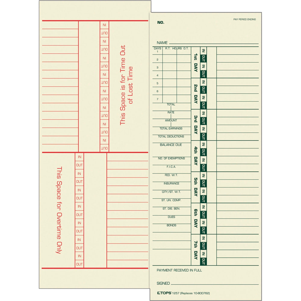 TOPS Time Cards (Replaces Original Card 10-800762), Numbered Days, 2-Sided, 9in x 3 1/2in, Box Of 500