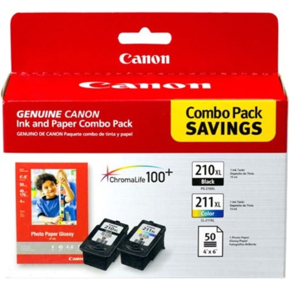 Canon PG-210XL Black/CL-211XL Tri-Color High-Yield Ink Cartridges And Photo Paper, Pack Of 2, 2973B004