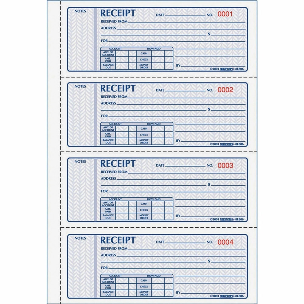 Rediform 3-pt Carbonless Money Receipt Book - 100 Sheet(s) - Book Bound - 3 Part - Carbonless Copy - 7in x 2 3/4in Sheet Size - Assorted Sheet(s) - Red, Blue Print Color - 1 Each