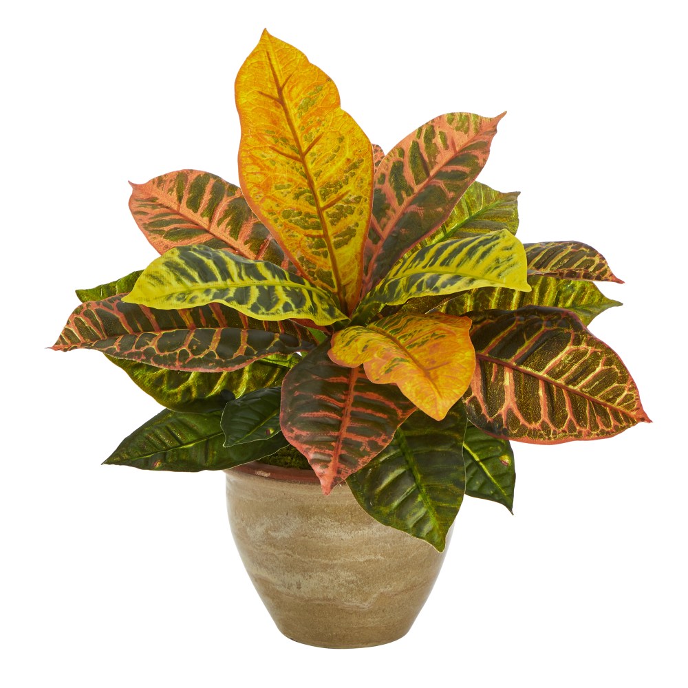 Nearly Natural Garden Croton 15inH Artificial Plant With Ceramic Planter, 15inH x 7inW x 7inD, Orange/Natural