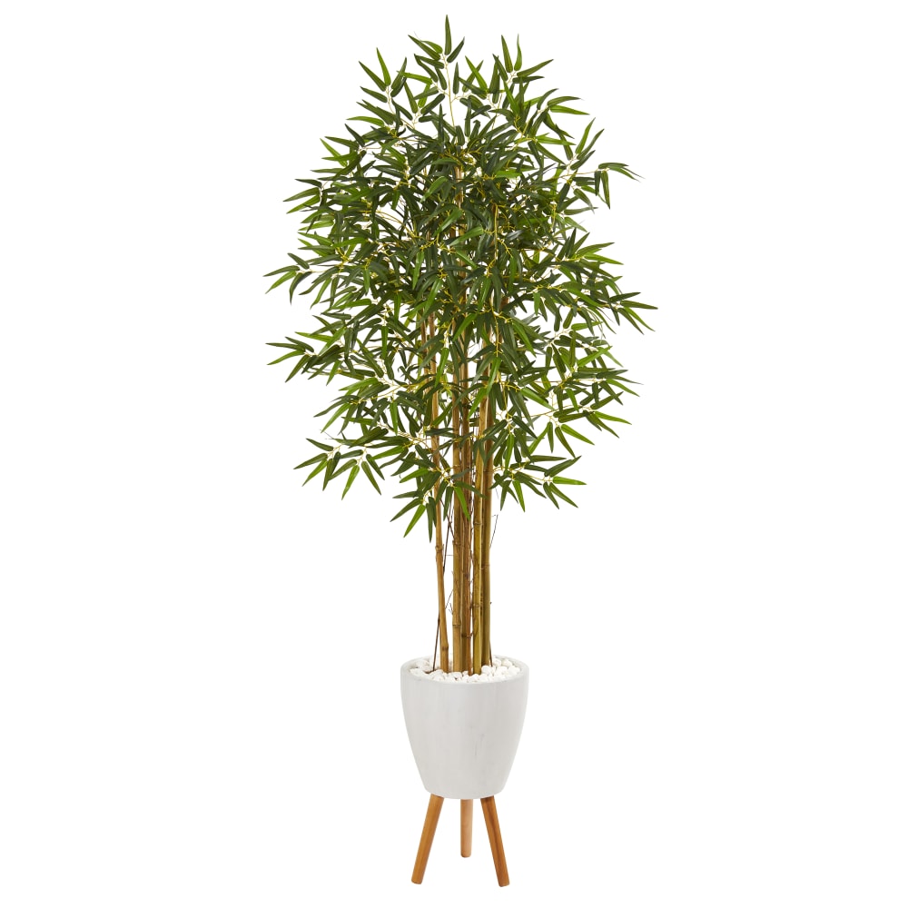 Nearly Natural Multi Bambusa Bamboo Tree 74inH Artificial Plant With Planter and Stand, 74inH x 33inW x 33inD, Green/White