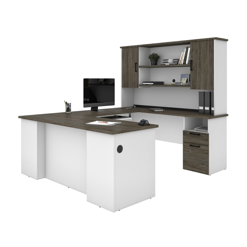 Bestar Norma 71inW U- Or L-Shaped Executive Corner Desk With Hutch, Walnut Gray/White